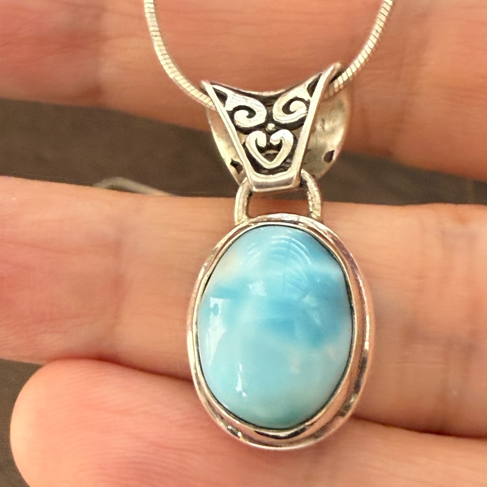 Genuine Larimar Solid Sterling Silver Pendant And… - image 2